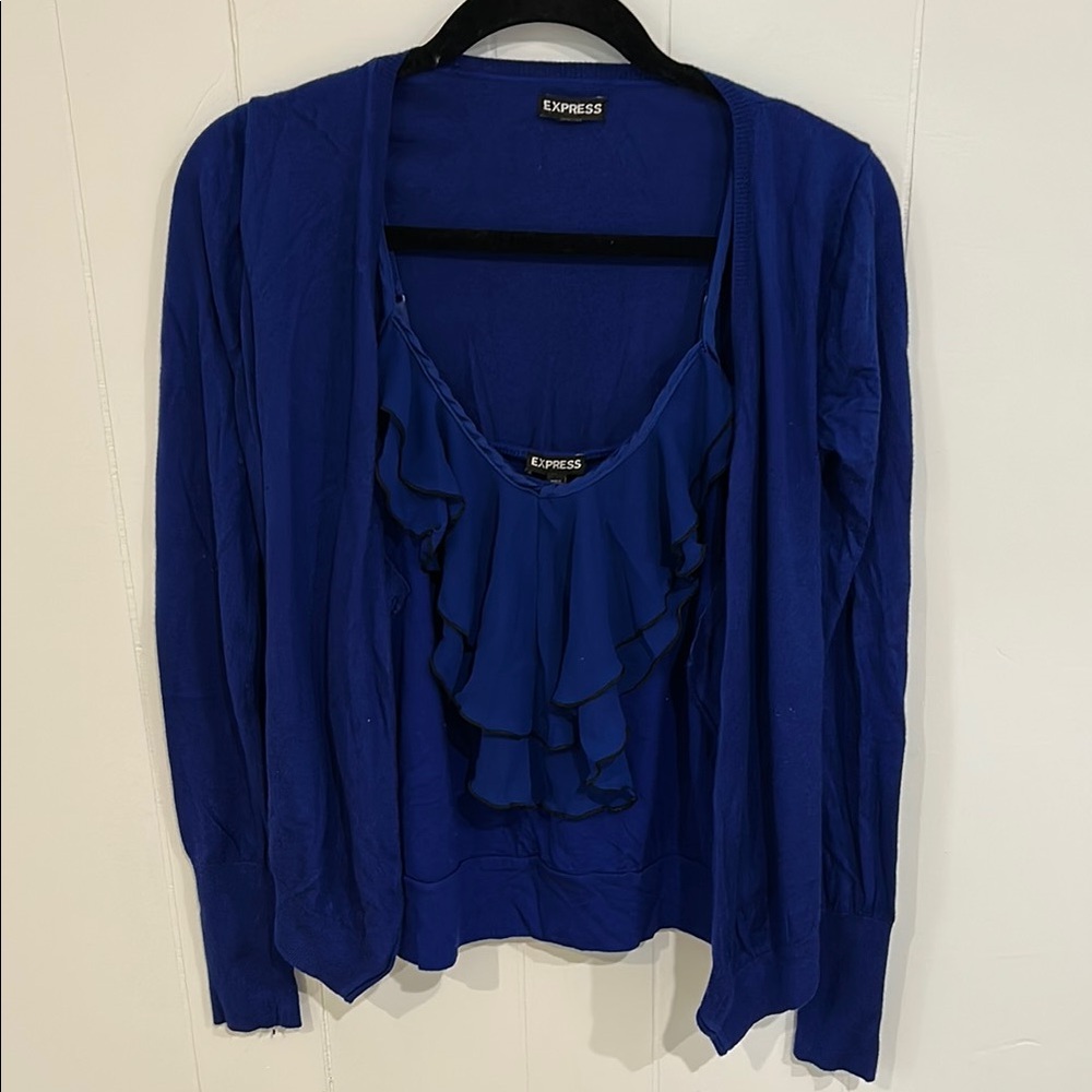 EXPRESS Royal Blue Ruffle Front Top and Cardigan Set M
